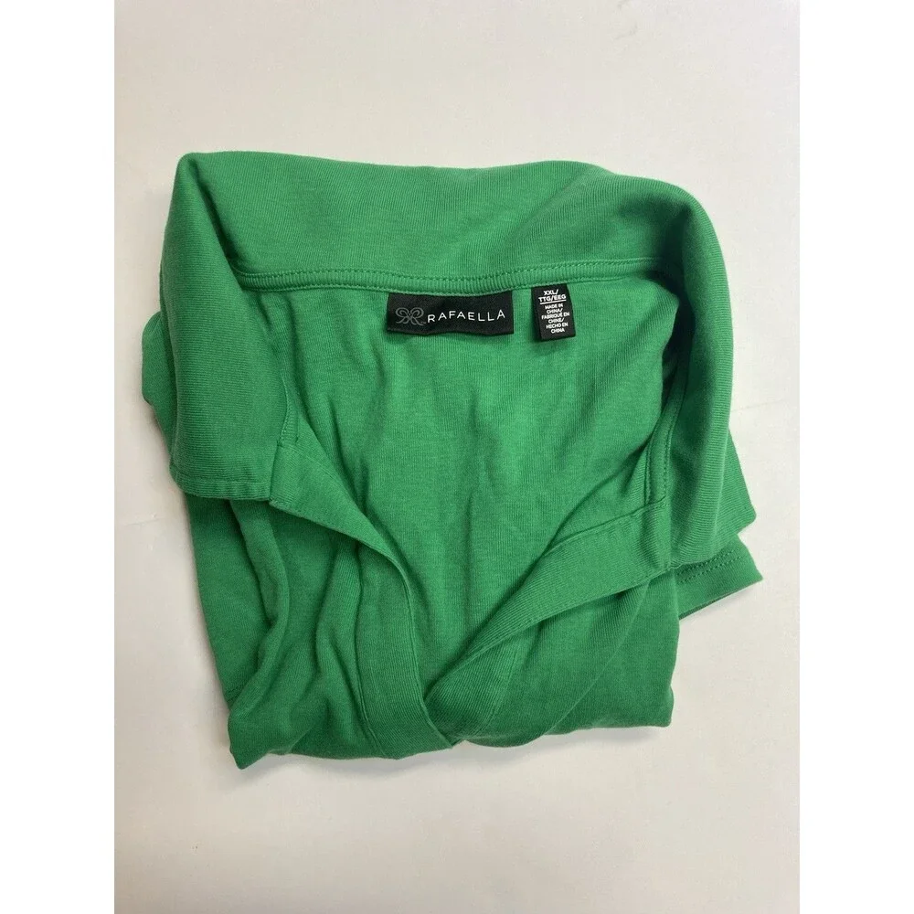 Rafaella Women's Green Solid Collared Knit Cotton Ruffle Polo Top XXL Regular